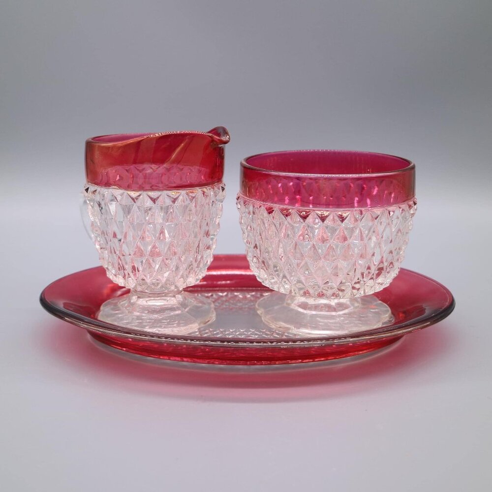 Indiana Glass Company Ruby Flashed Iridescent Diamond Point Pattern Vintage
